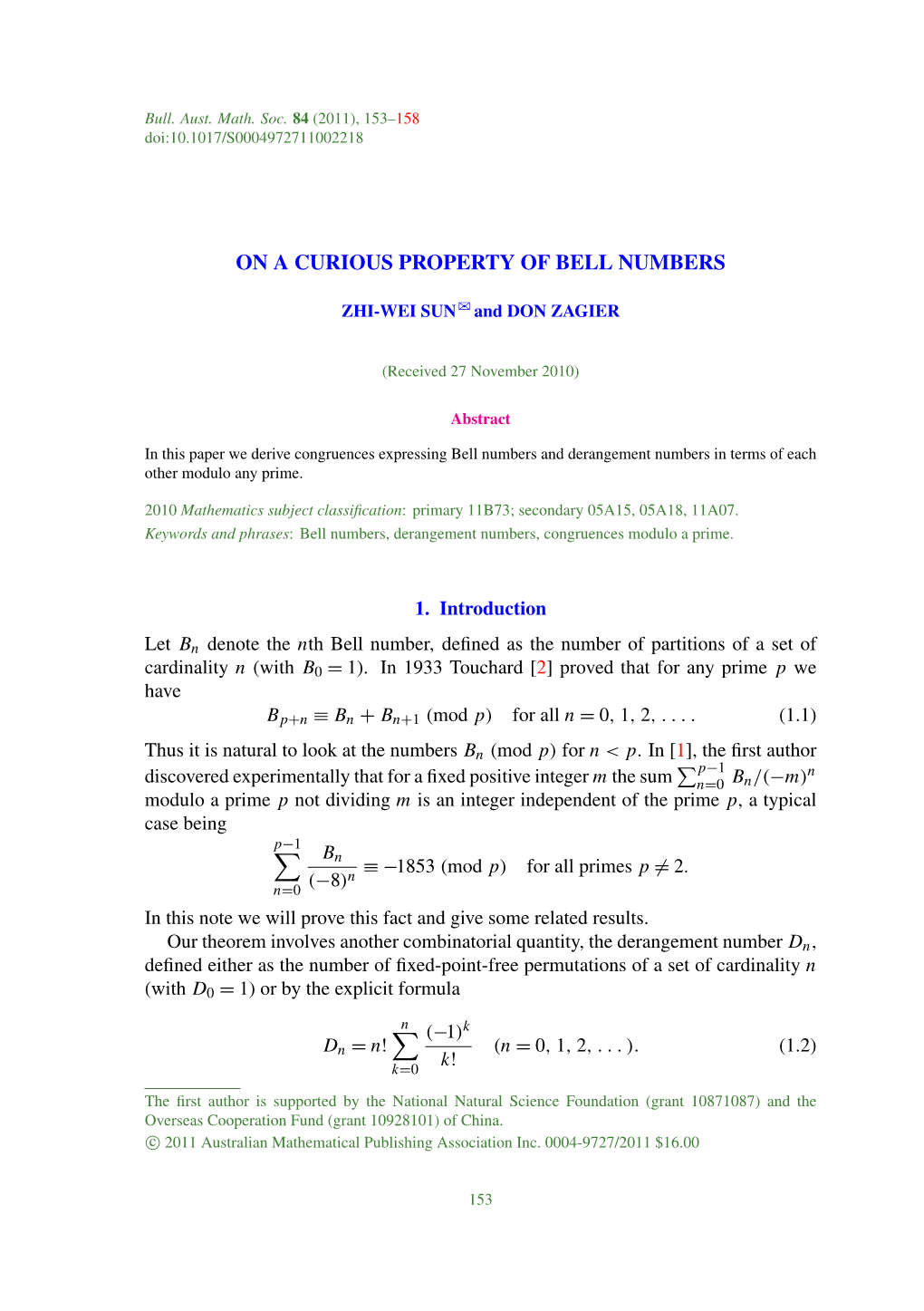 On a Curious Property of Bell Numbers