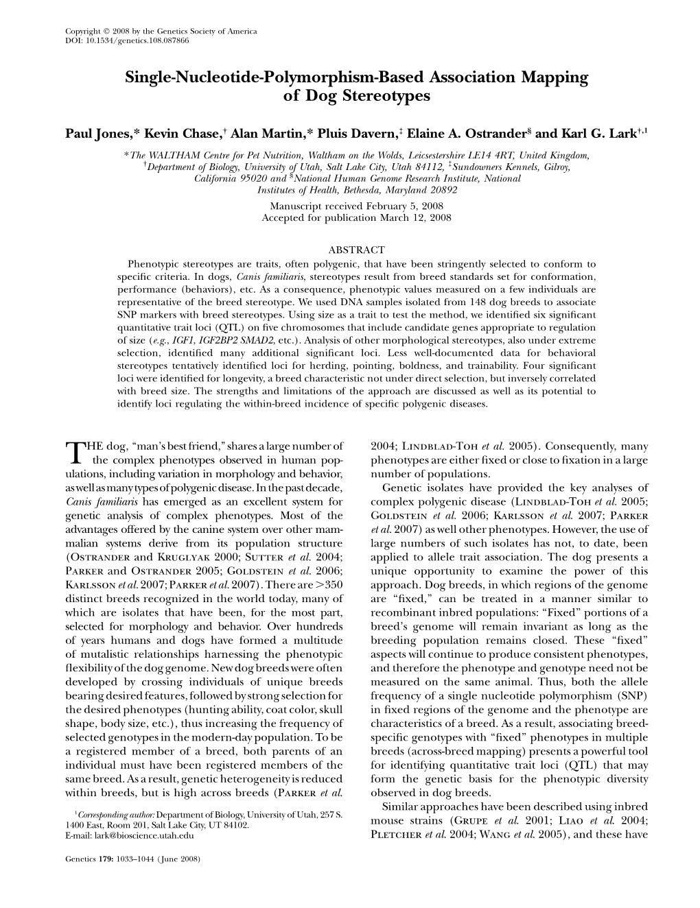 Single-Nucleotide-Polymorphism-Based Association Mapping of Dog Stereotypes