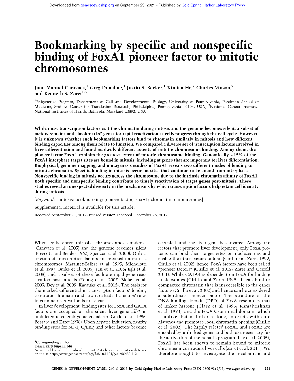 Bookmarking by Specific and Nonspecific Binding of Foxa1 Pioneer Factor to Mitotic Chromosomes