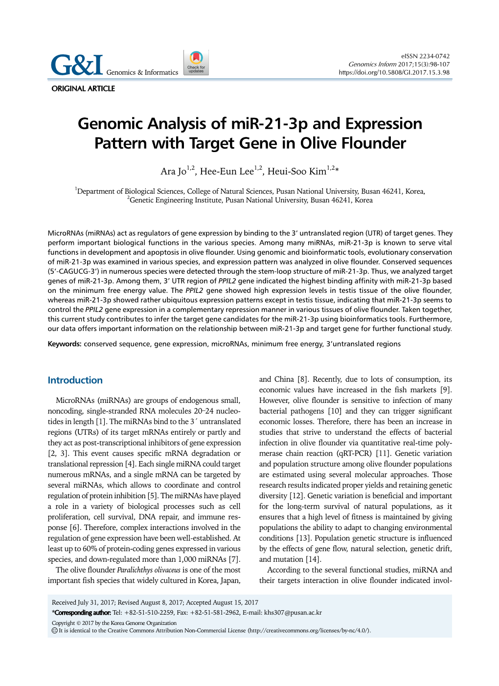 Genomic Analysis of Mir-21-3P and Expression Pattern with Target Gene in Olive Flounder