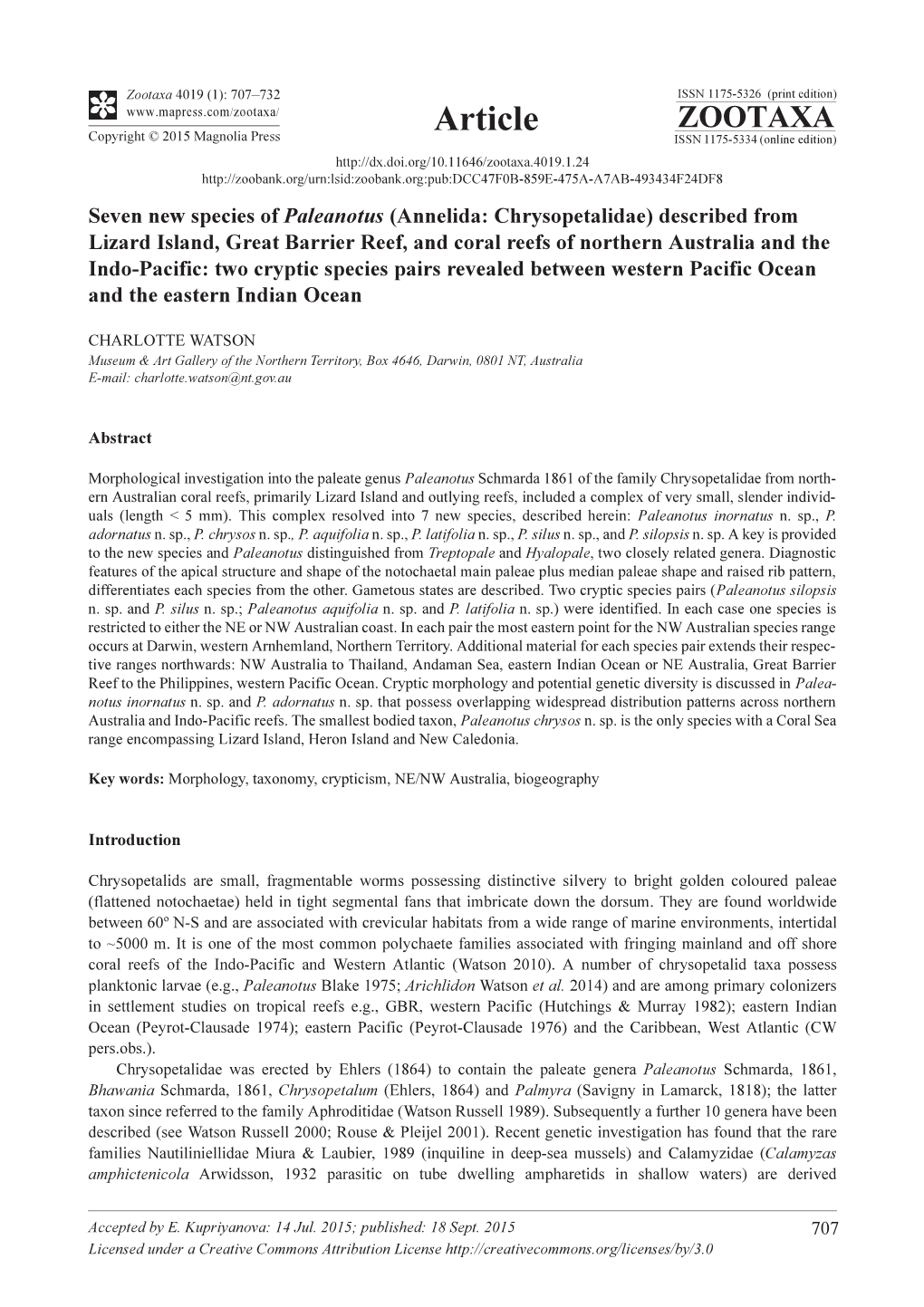 Seven New Species of Paleanotus (Annelida: Chrysopetalidae