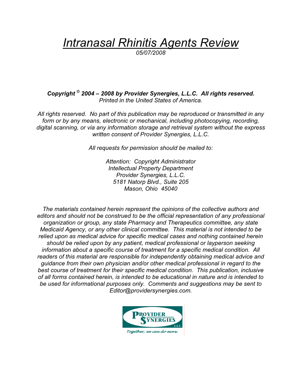 Intranasal Rhinitis Agents Review 05/07/2008