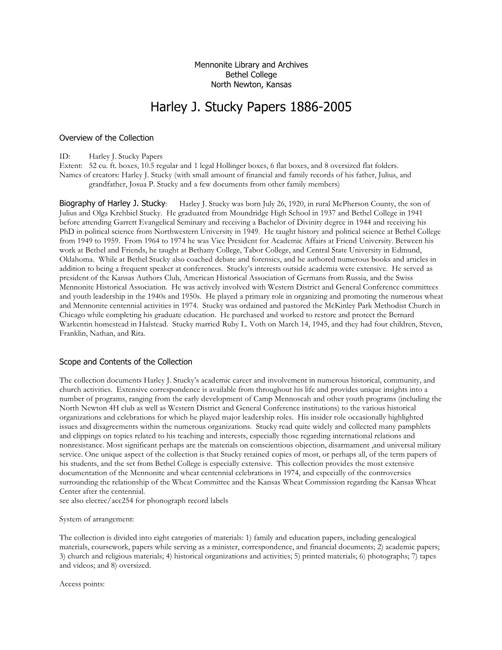Harley J. Stucky Papers 1886-2005