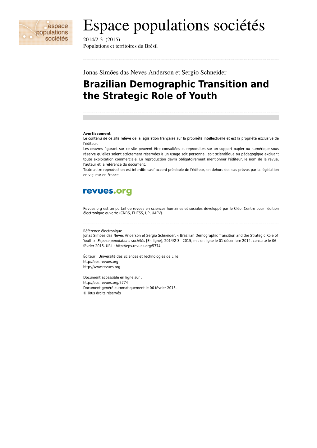 Brazilian Demographic Transition and the Strategic Role of Youth