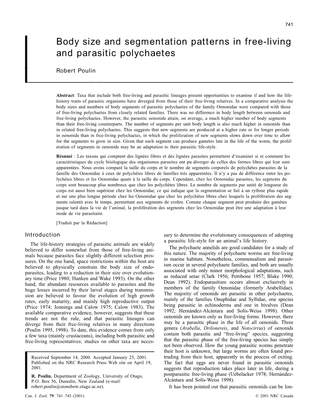 Body Size and Segmentation Patterns in Free-Living and Parasitic Polychaetes