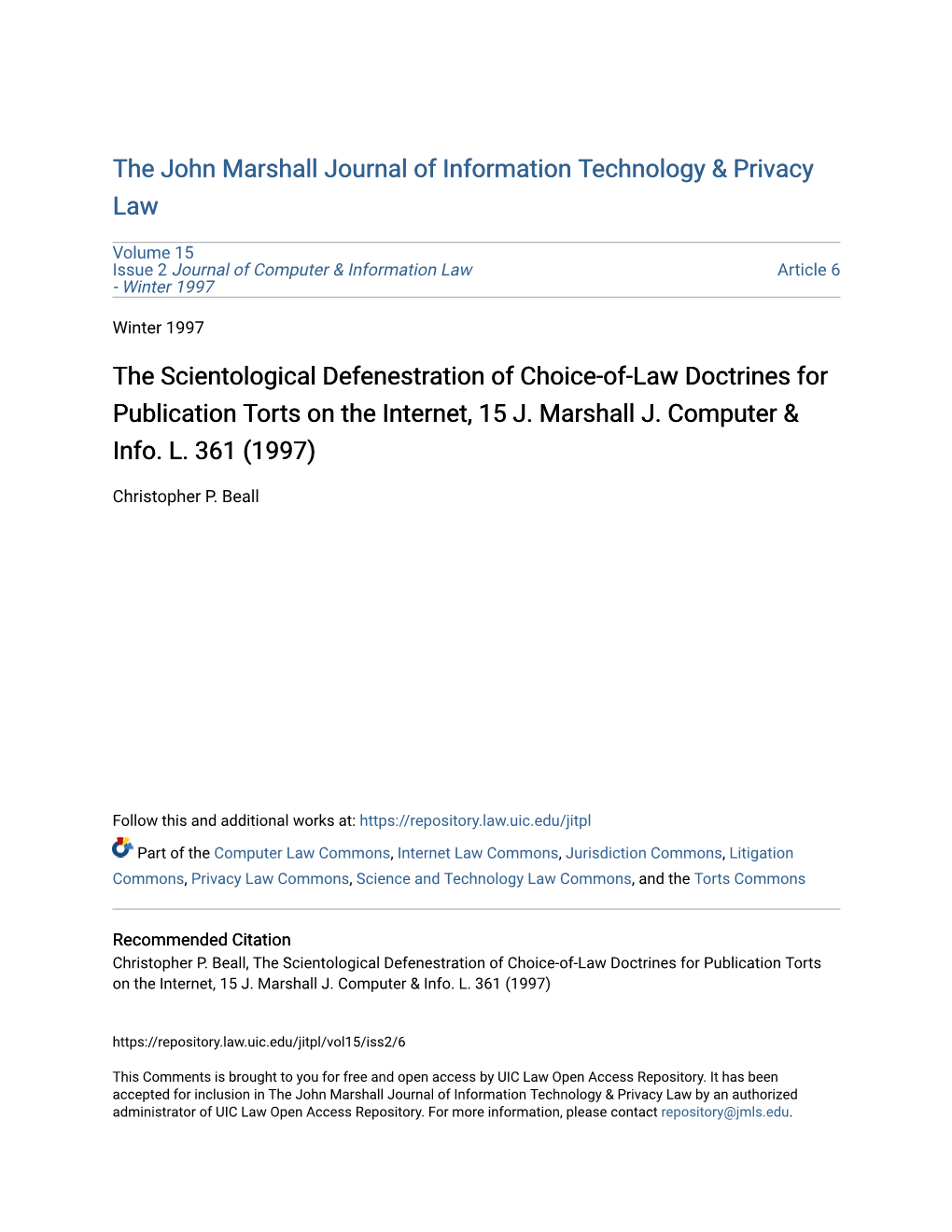 The Scientological Defenestration of Choice-Of-Law Doctrines for Publication Torts on the Internet, 15 J