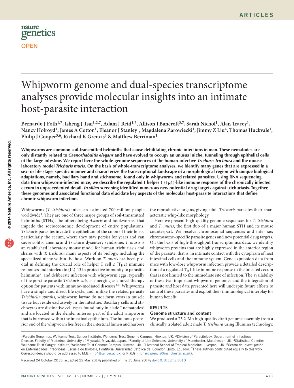 Whipworm Genome and Dual-Species Transcriptome Analyses Provide Molecular Insights Into an Intimate Host-Parasite Interaction