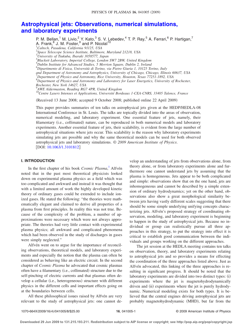 Astrophysical Jets: Observations, Numerical Simulations, and Laboratory Experiments P