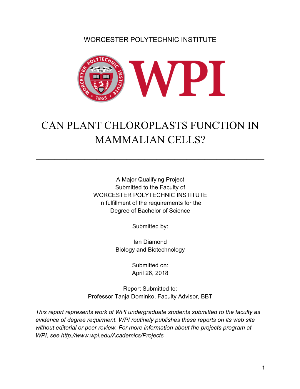 Can Plant Chloroplasts Function in Mammalian Cells? ______