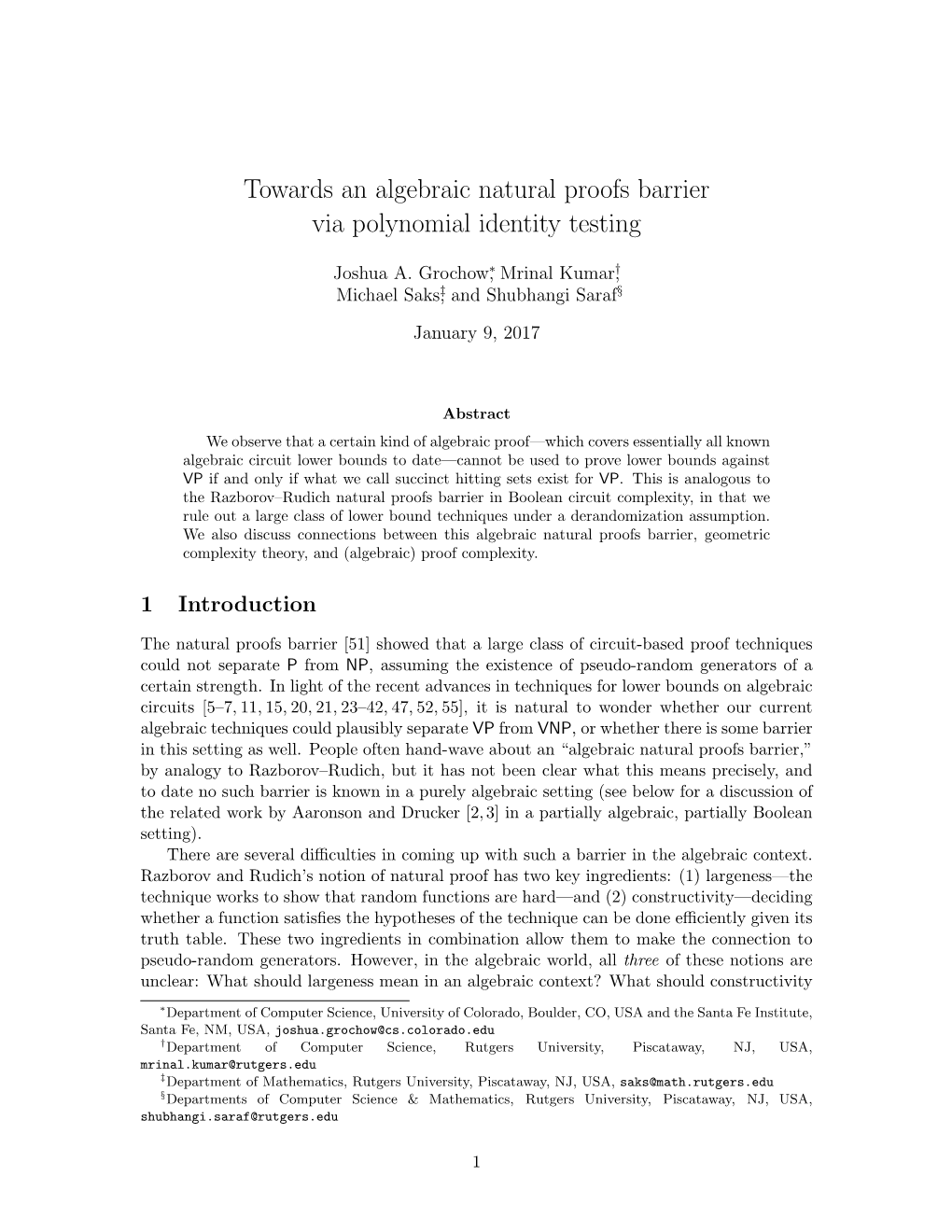 Towards an Algebraic Natural Proofs Barrier Via Polynomial Identity Testing