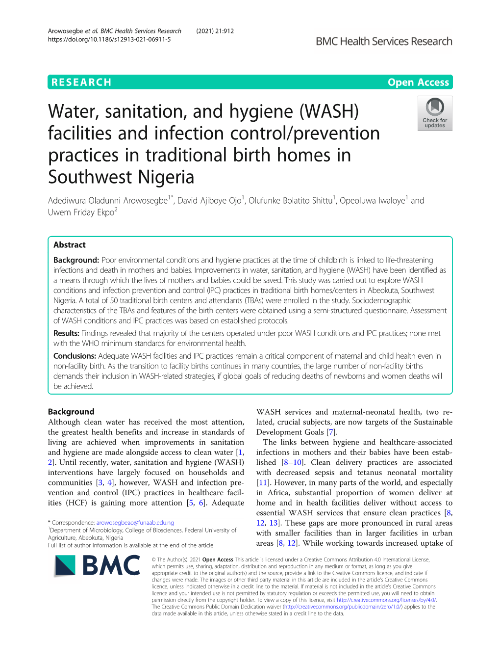Water, Sanitation, and Hygiene (WASH) Facilities and Infection Control/Prevention Practices in Traditional Birth Homes in Southw