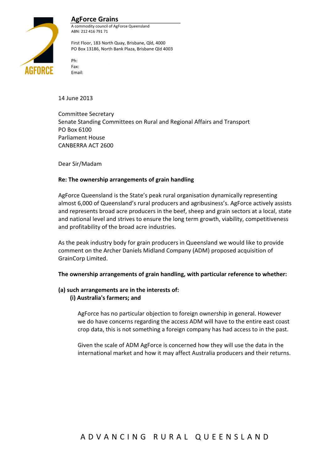 Submission to Senate Committee Re ADM Takeover of Graincorp With