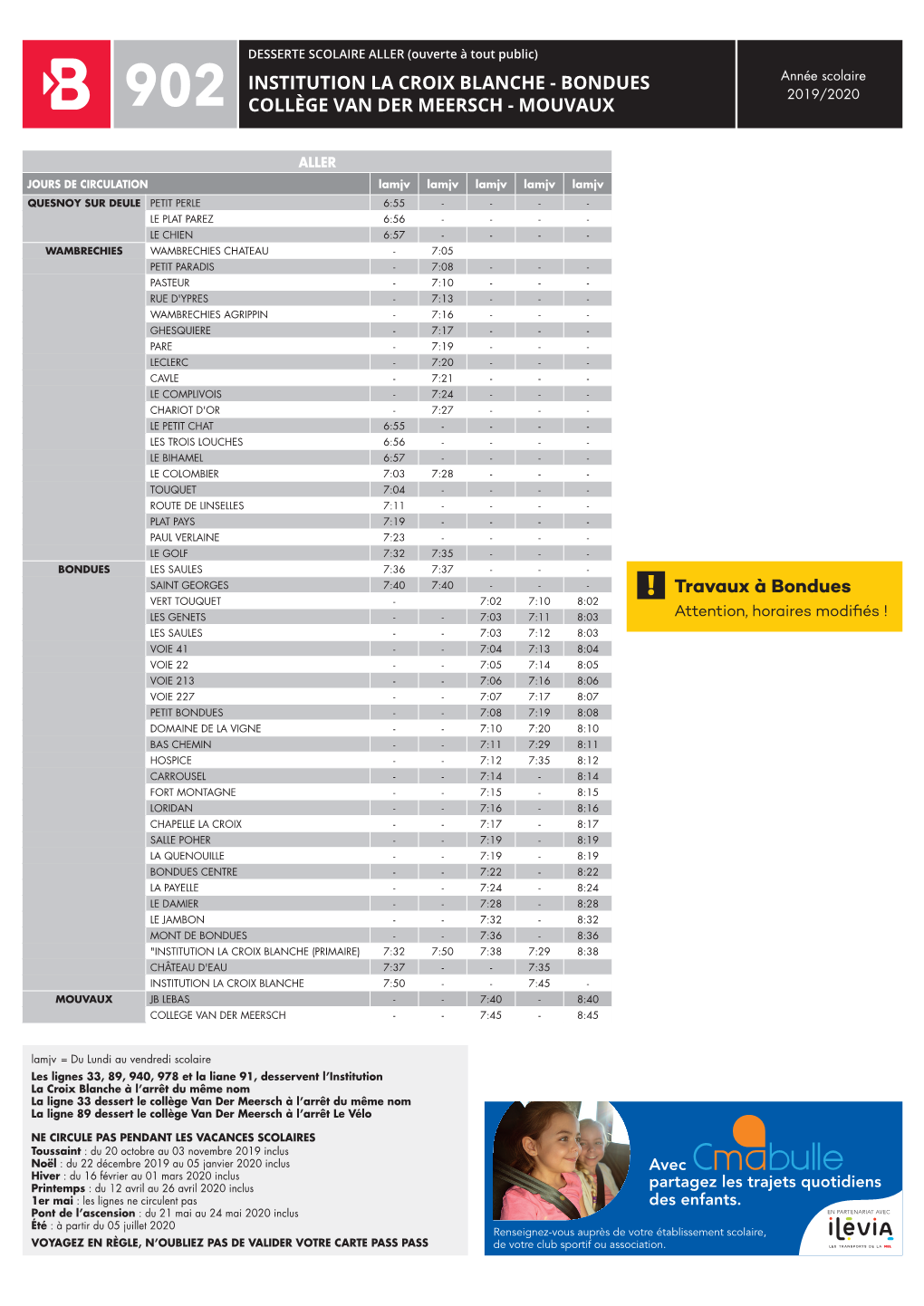 INSTITUTION LA CROIX BLANCHE - BONDUES Année Scolaire 2019/2020 902 COLLÈGE VAN DER MEERSCH - MOUVAUX