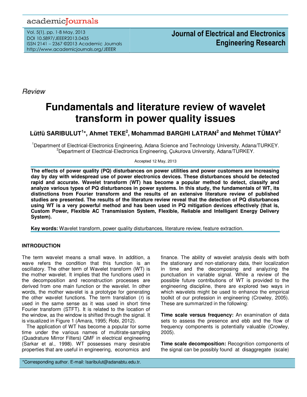 Fundamentals and Literature Review of Wavelet Transform in Power Quality Issues