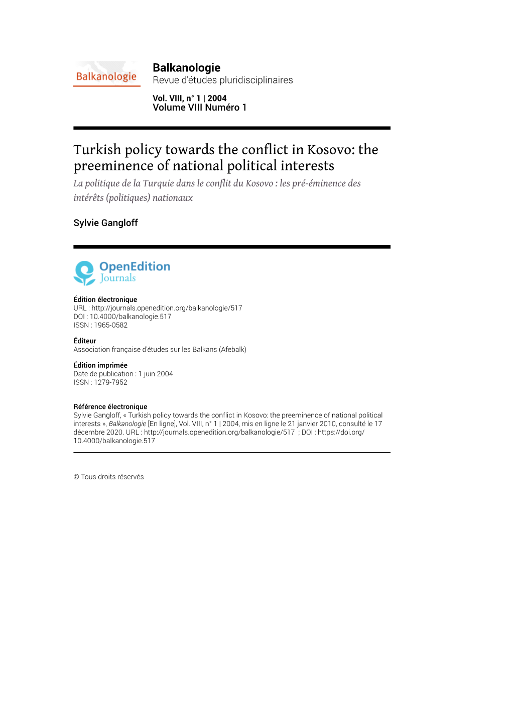 Turkish Policy Towards the Conflict in Kosovo