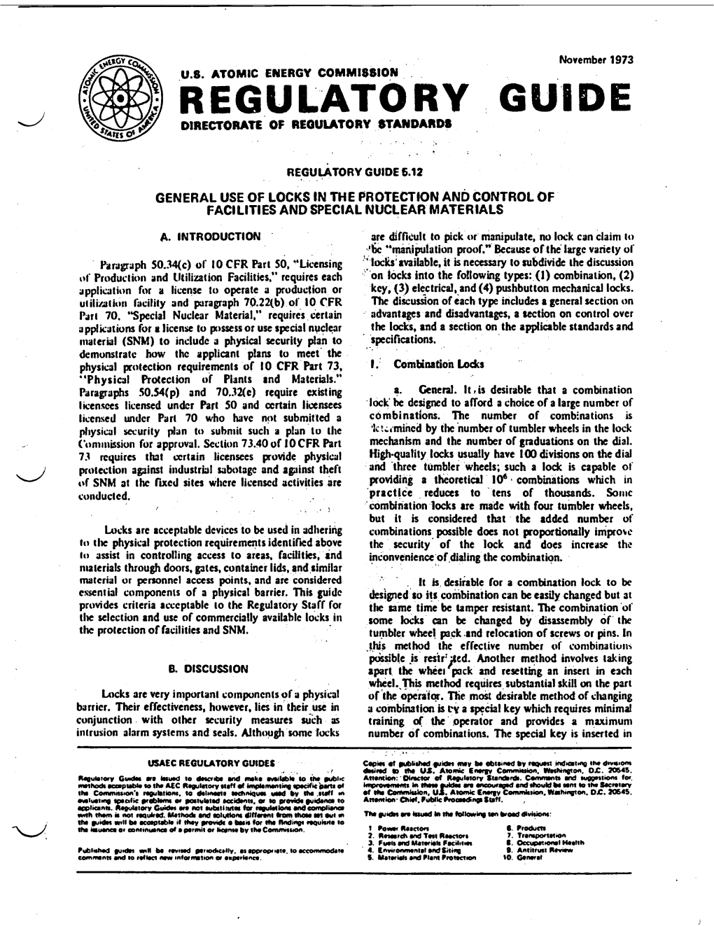 Regulatory Guide 5.12, General Use of Locks in Protection and Control