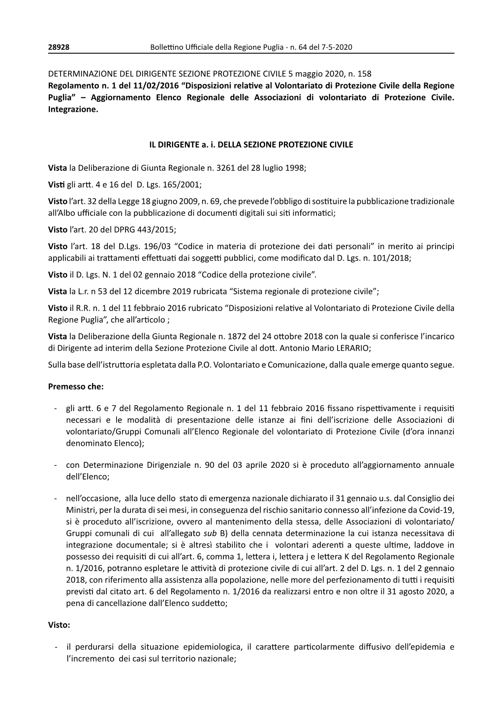 DETERMINAZIONE DEL DIRIGENTE SEZIONE PROTEZIONE CIVILE 5 Maggio 2020, N