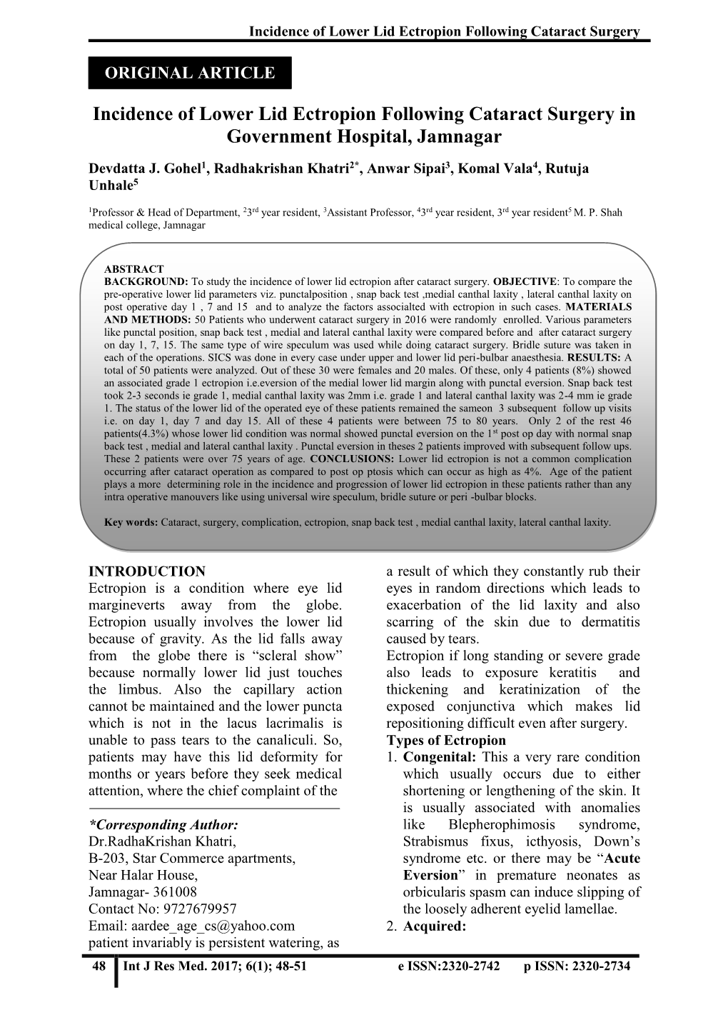 Incidence of Lower Lid Ectropion Following Cataract Surgery in Government Hospital, Jamnagar