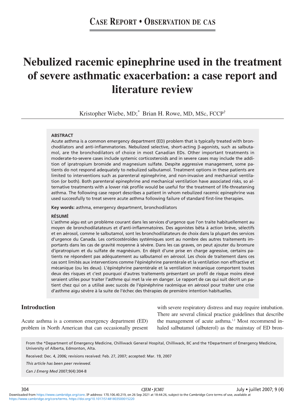 Nebulized Racemic Epinephrine Used in the Treatment of Severe Asthmatic Exacerbation: a Case Report and Literature Review