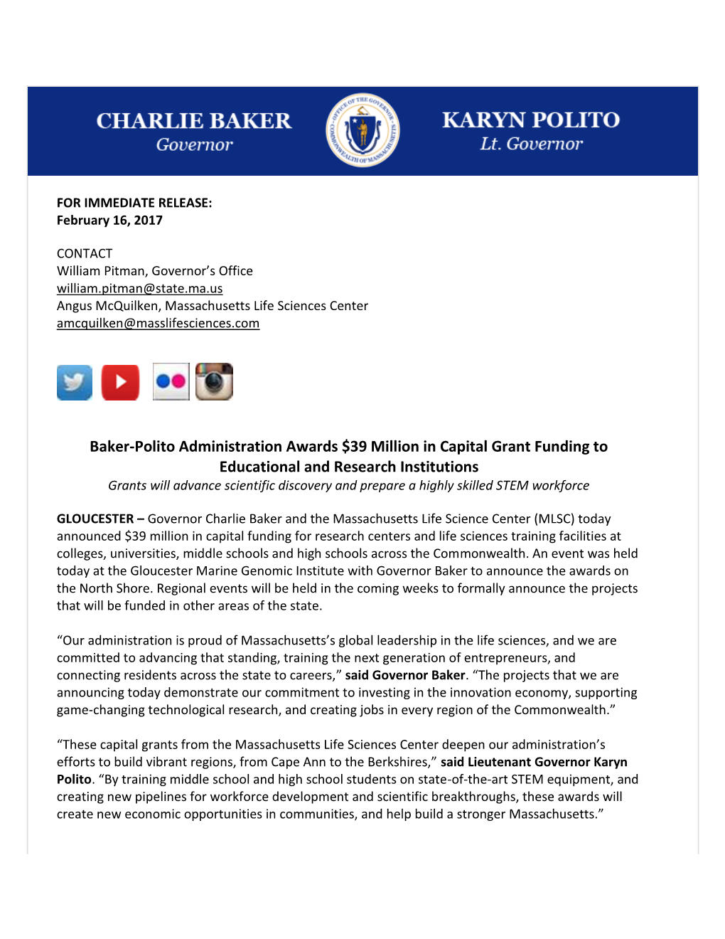 Baker-Polito Administration Awards $39 Million in Capital Grant