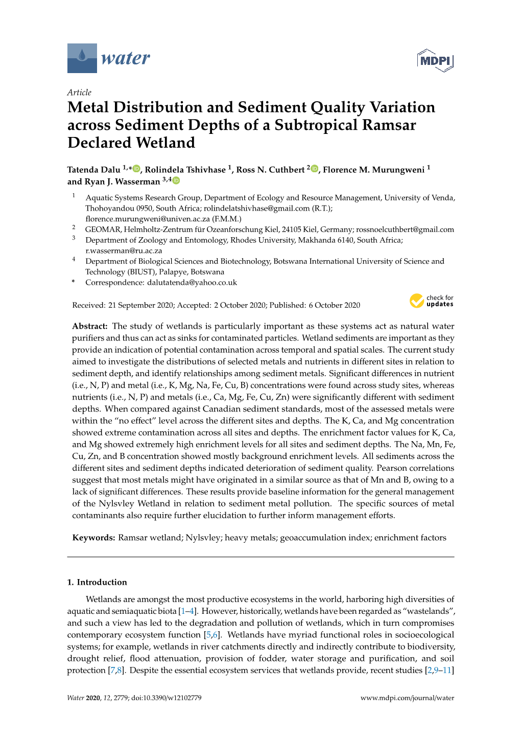 Metal Distribution and Sediment Quality Variation Across Sediment Depths of a Subtropical Ramsar Declared Wetland