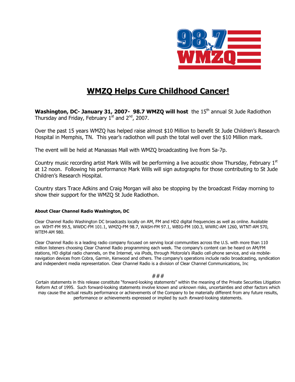WMZQ Helps Cure Childhood Cancer!