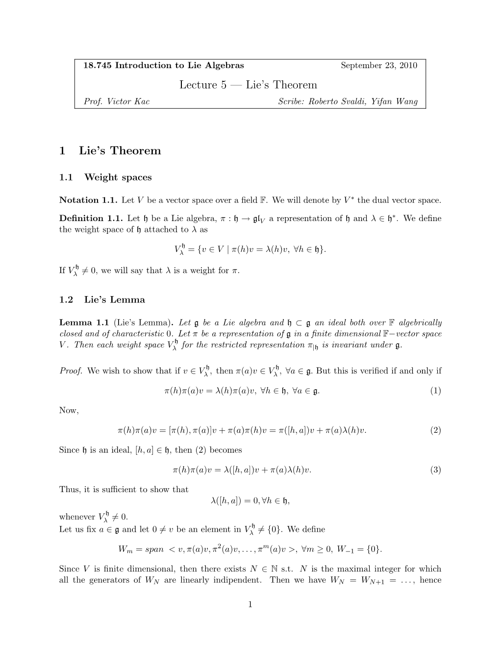 Lecture 5 — Lie's Theorem 1 Lie's Theorem