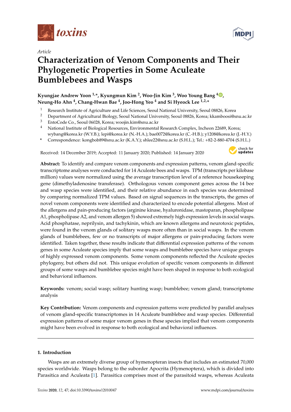 Characterization of Venom Components and Their Phylogenetic Properties in Some Aculeate Bumblebees and Wasps