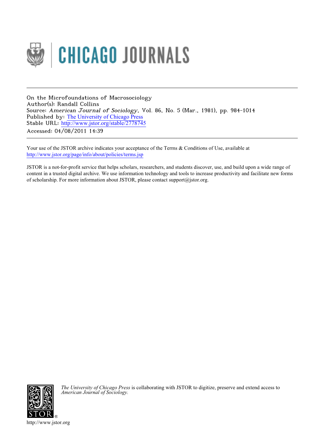 On the Microfoundations of Macrosociology Author(S): Randall Collins Source: American Journal of Sociology, Vol