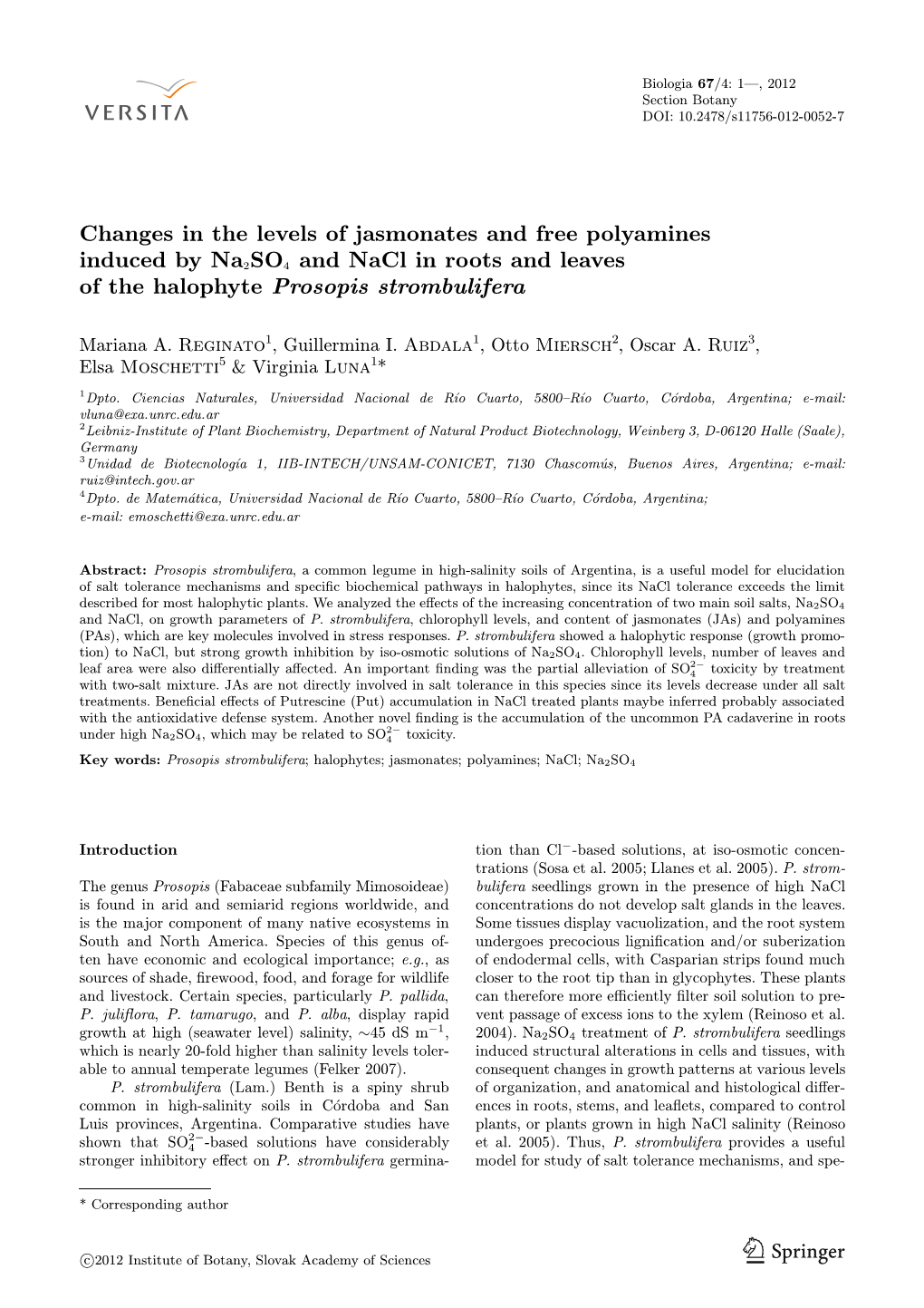 Changes in the Levels of Jasmonates and Free Polyamines Induced by Na2so4 and Nacl in Roots and Leaves of the Halophyte Prosopis Strombulifera