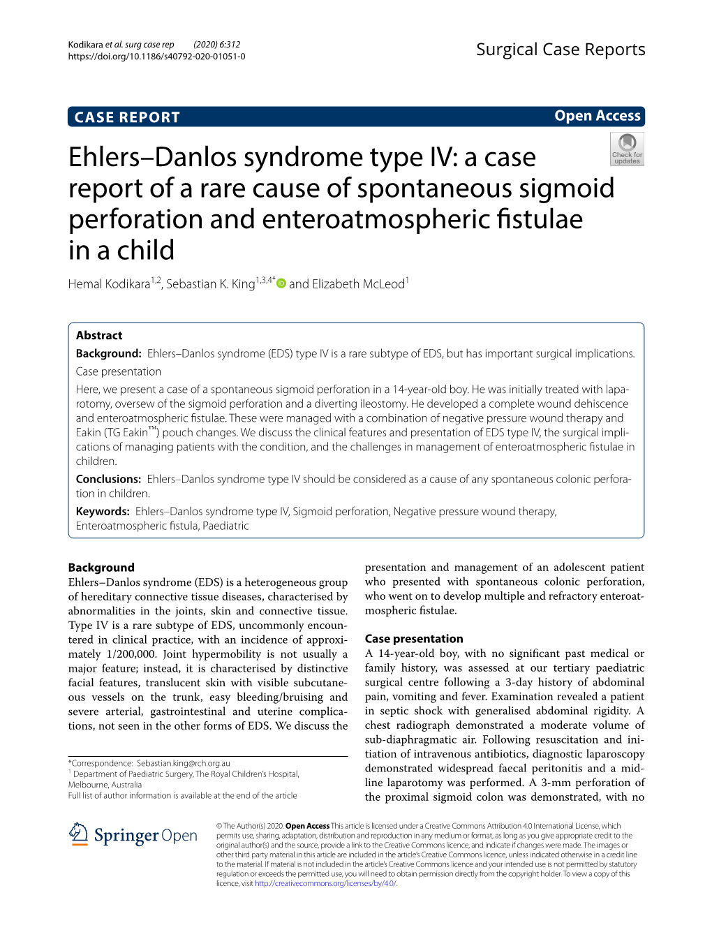 Ehlers–Danlos Syndrome Type IV: a Case Report of a Rare Cause of Spontaneous Sigmoid Perforation and Enteroatmospheric Fistula
