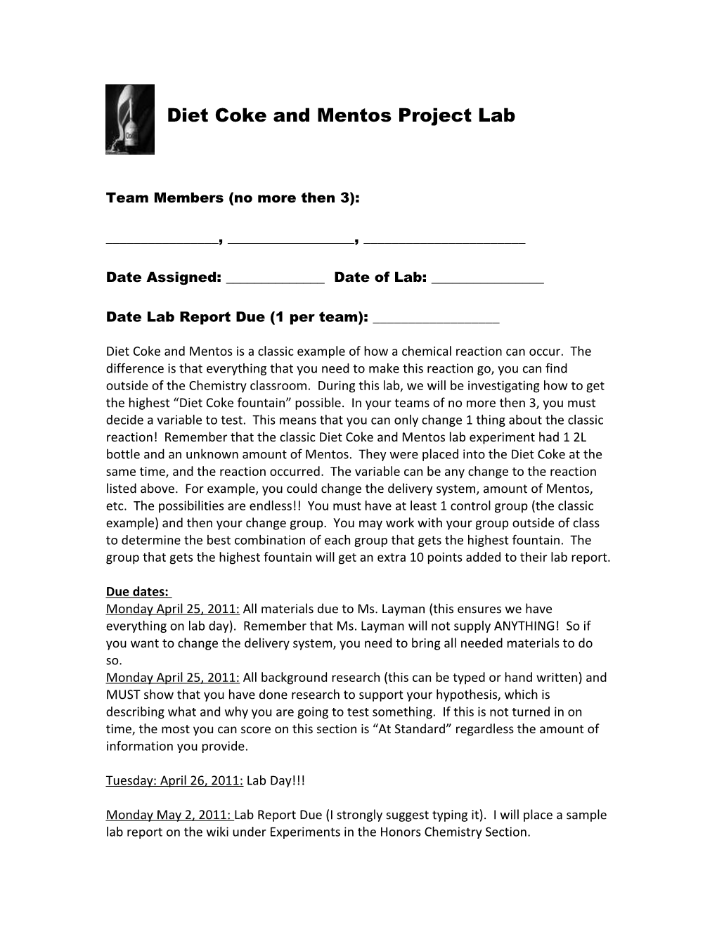 Diet Coke and Mentos Project Lab