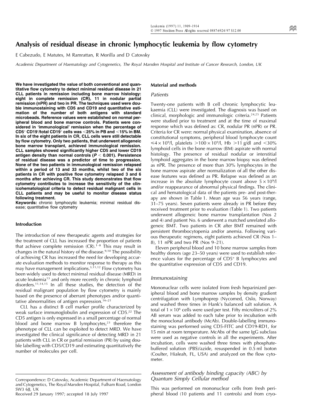 Analysis of Residual Disease in Chronic Lymphocytic Leukemia by Flow