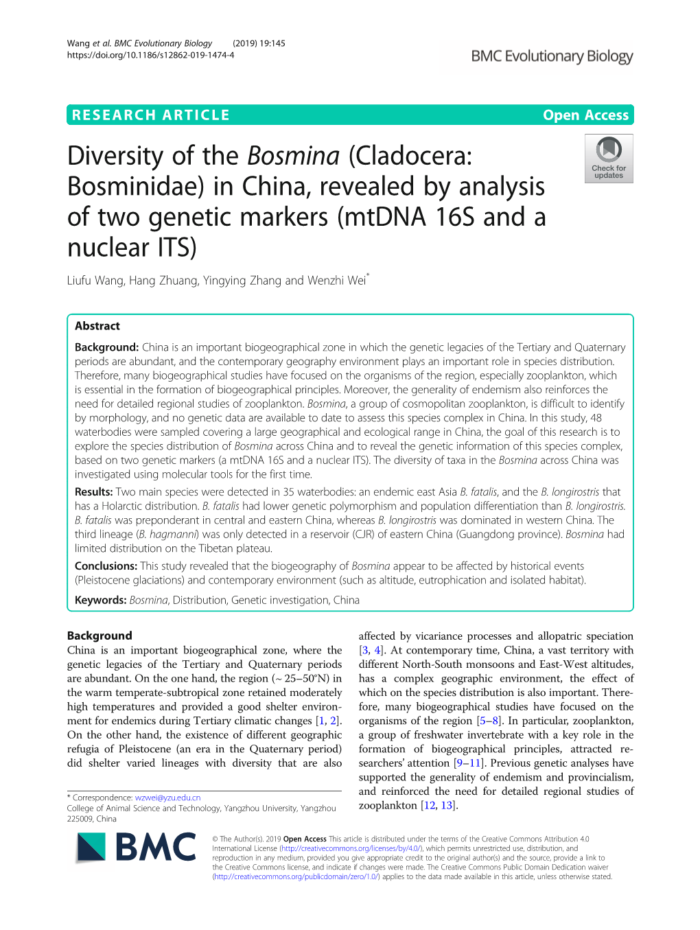 Diversity of the Bosmina (Cladocera: Bosminidae) in China, Revealed by Analysis of Two Genetic Markers (Mtdna 16S and a Nuclear