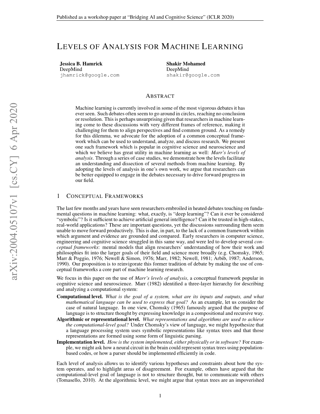 Levels of Analysis for Machine Learning