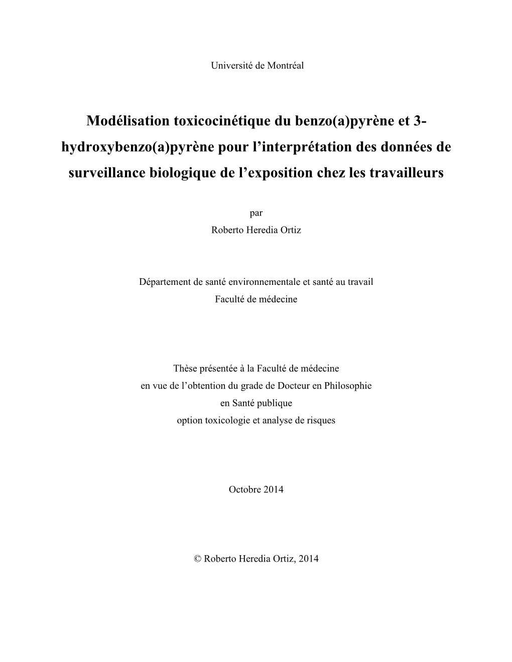 Modélisation Toxicocinétique Du Benzo(A)Pyrène Et 3- Hydroxybenzo(A)