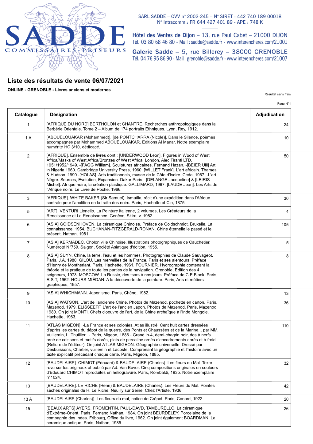 Liste Des Résultats De Vente 06/07/2021 ONLINE - GRENOBLE - Livres Anciens Et Modernes Résultat Sans Frais