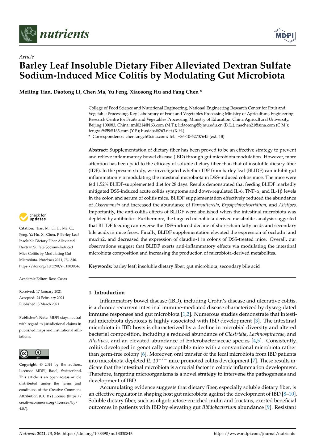 Barley Leaf Insoluble Dietary Fiber Alleviated Dextran Sulfate Sodium-Induced Mice Colitis by Modulating Gut Microbiota