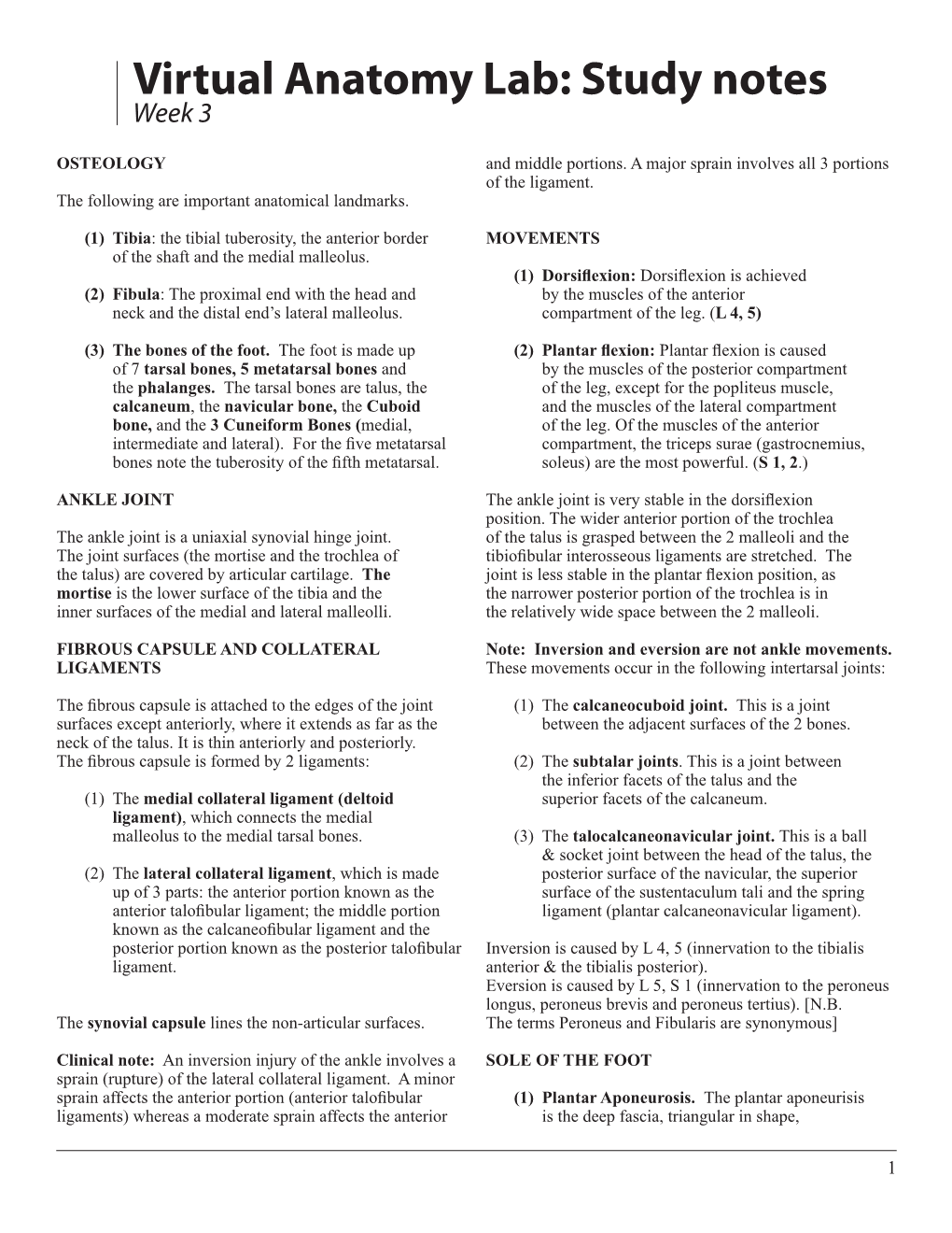 Virtual Anatomy Lab: Study Notes Week 3