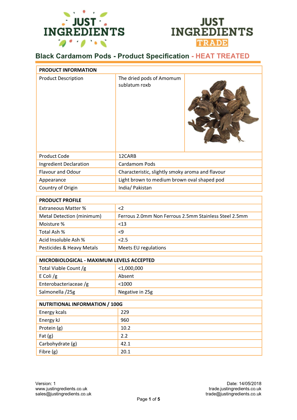 Black Cardamom Pods - Product Specification - HEAT TREATED