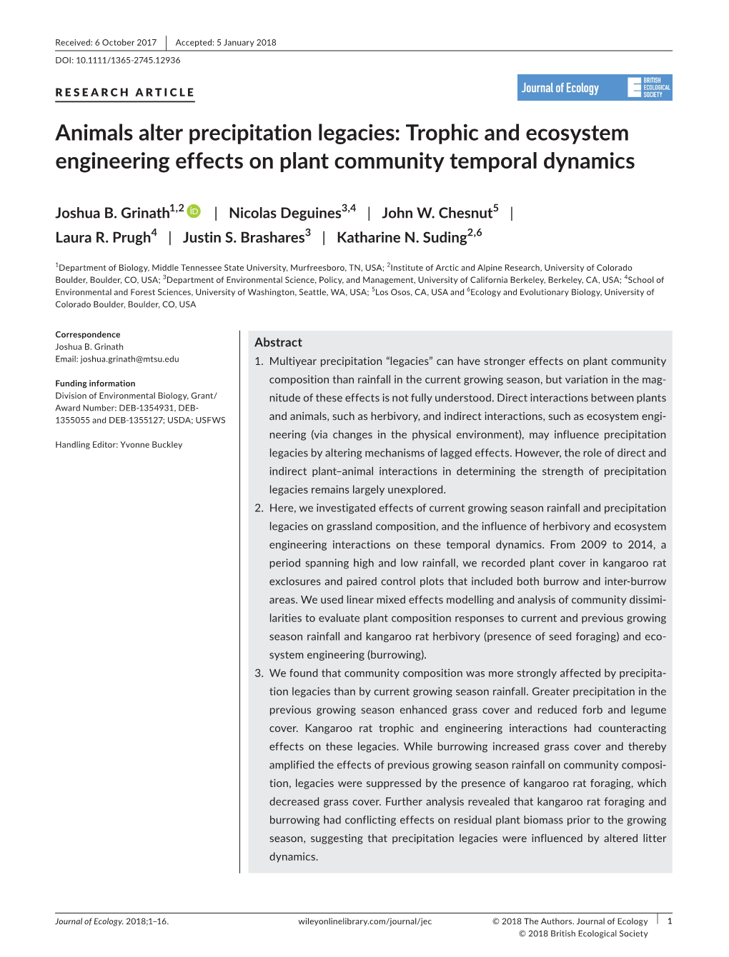 Animals Alter Precipitation Legacies: Trophic and Ecosystem Engineering Effects on Plant Community Temporal Dynamics