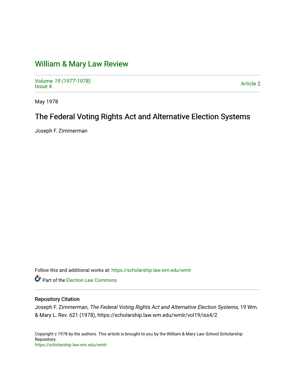 The Federal Voting Rights Act and Alternative Election Systems