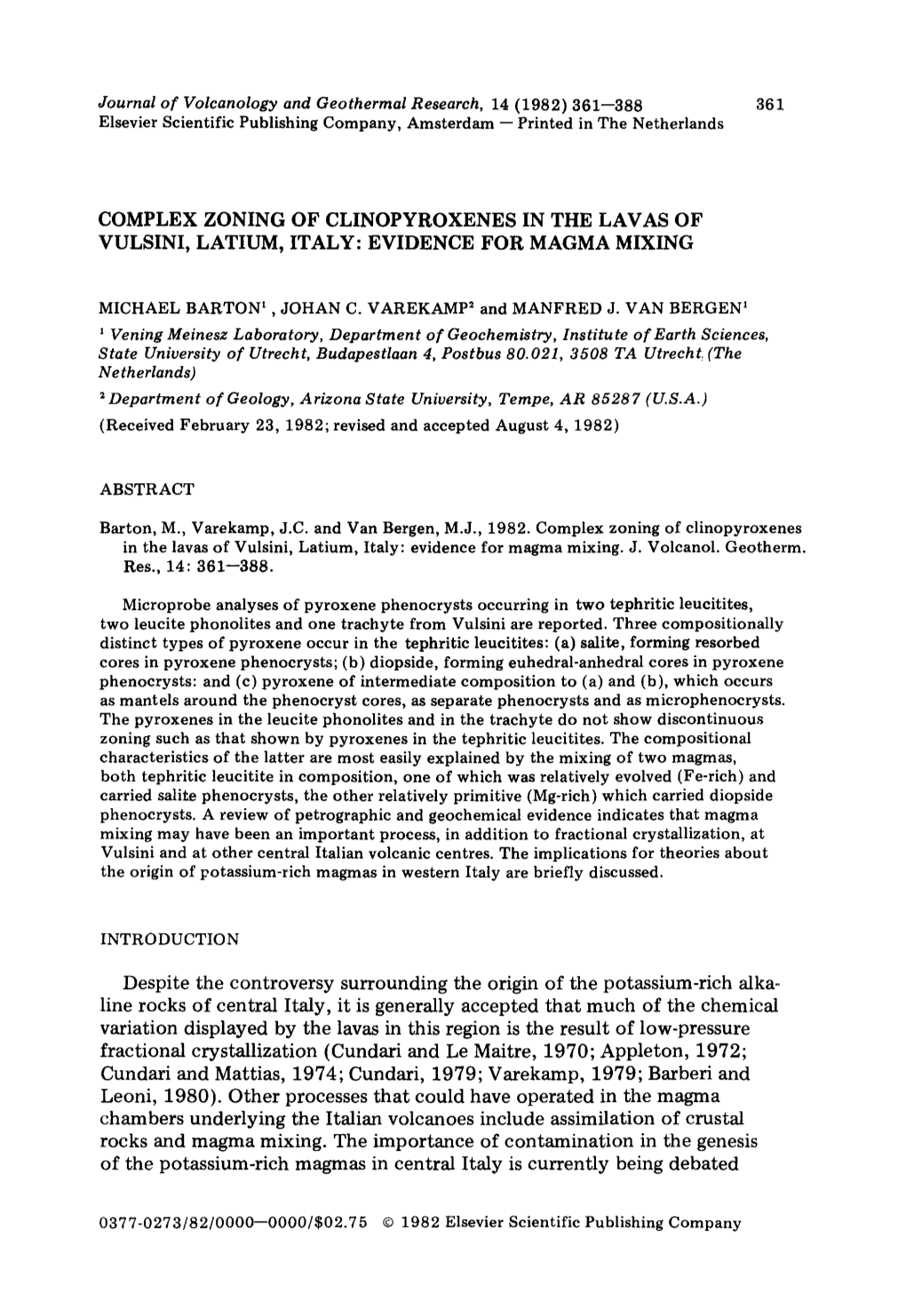 Journal of Volcanology and Geothermal Research, 14 (1982) 361--388 361 Elsevier Scientific Publishing Company, Amsterdam -- Printed in the Netherlands