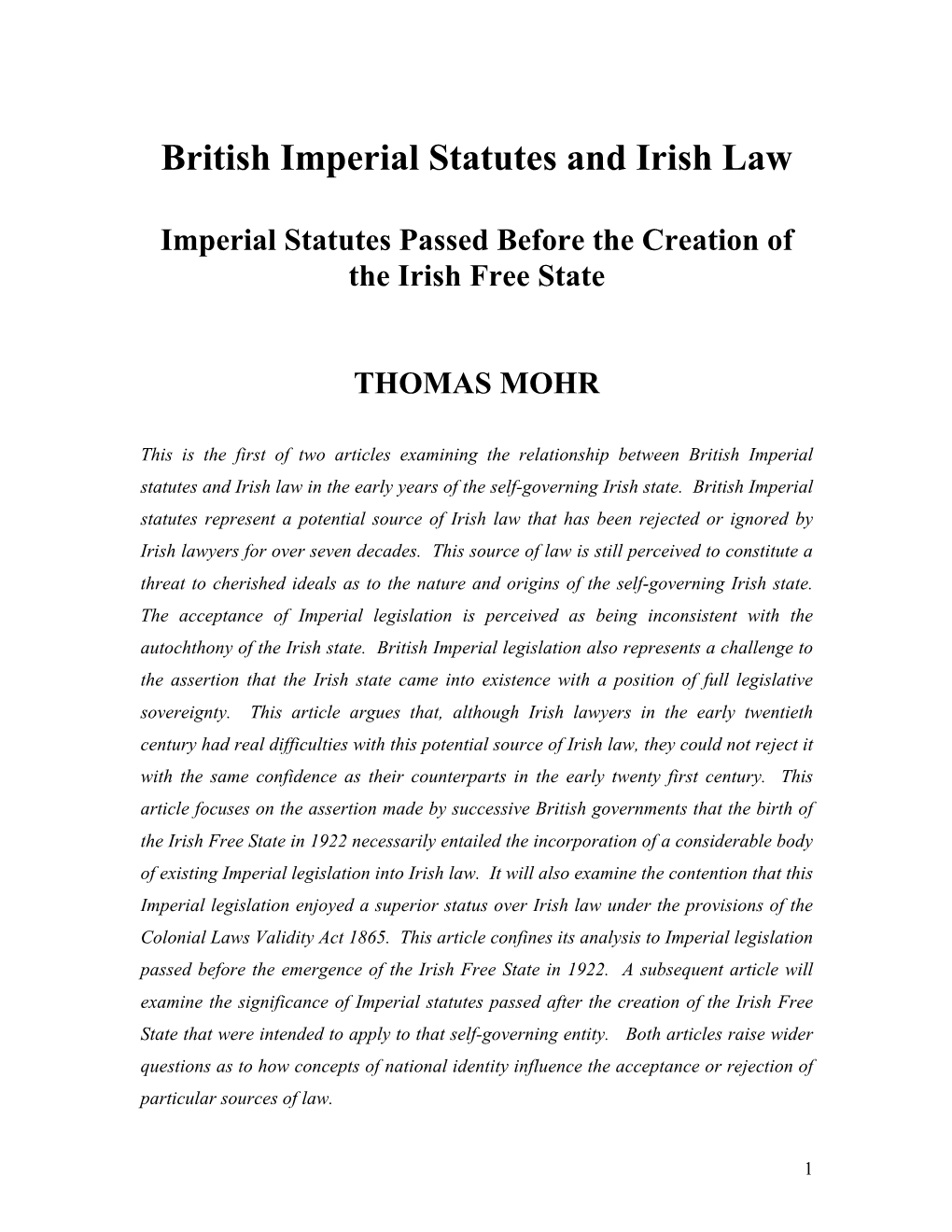 British Imperial Statutes and Irish Law