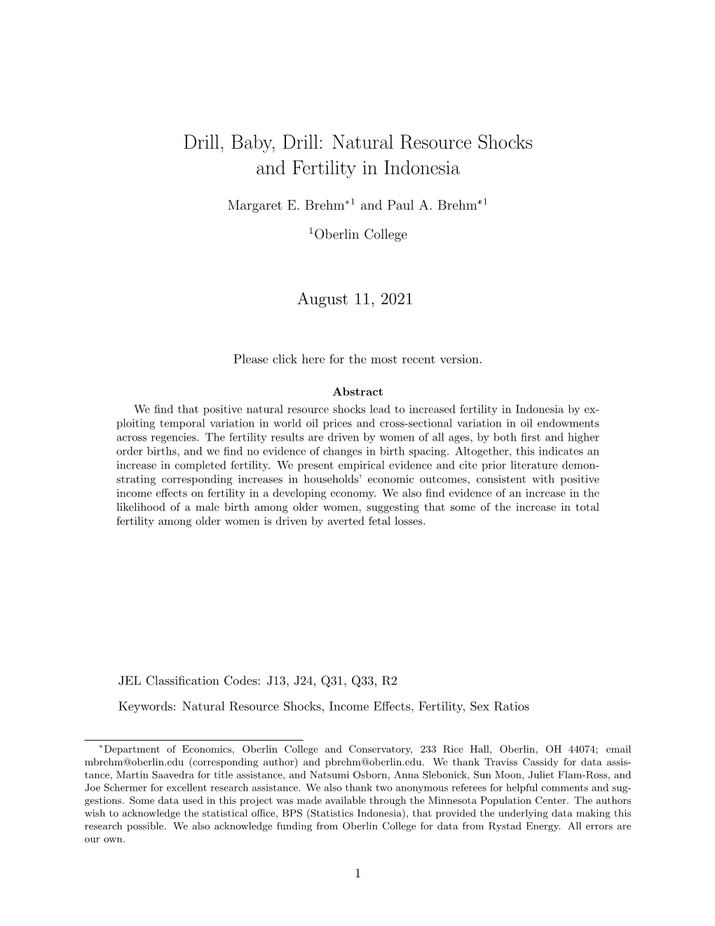 Natural Resource Shocks and Fertility in Indonesia