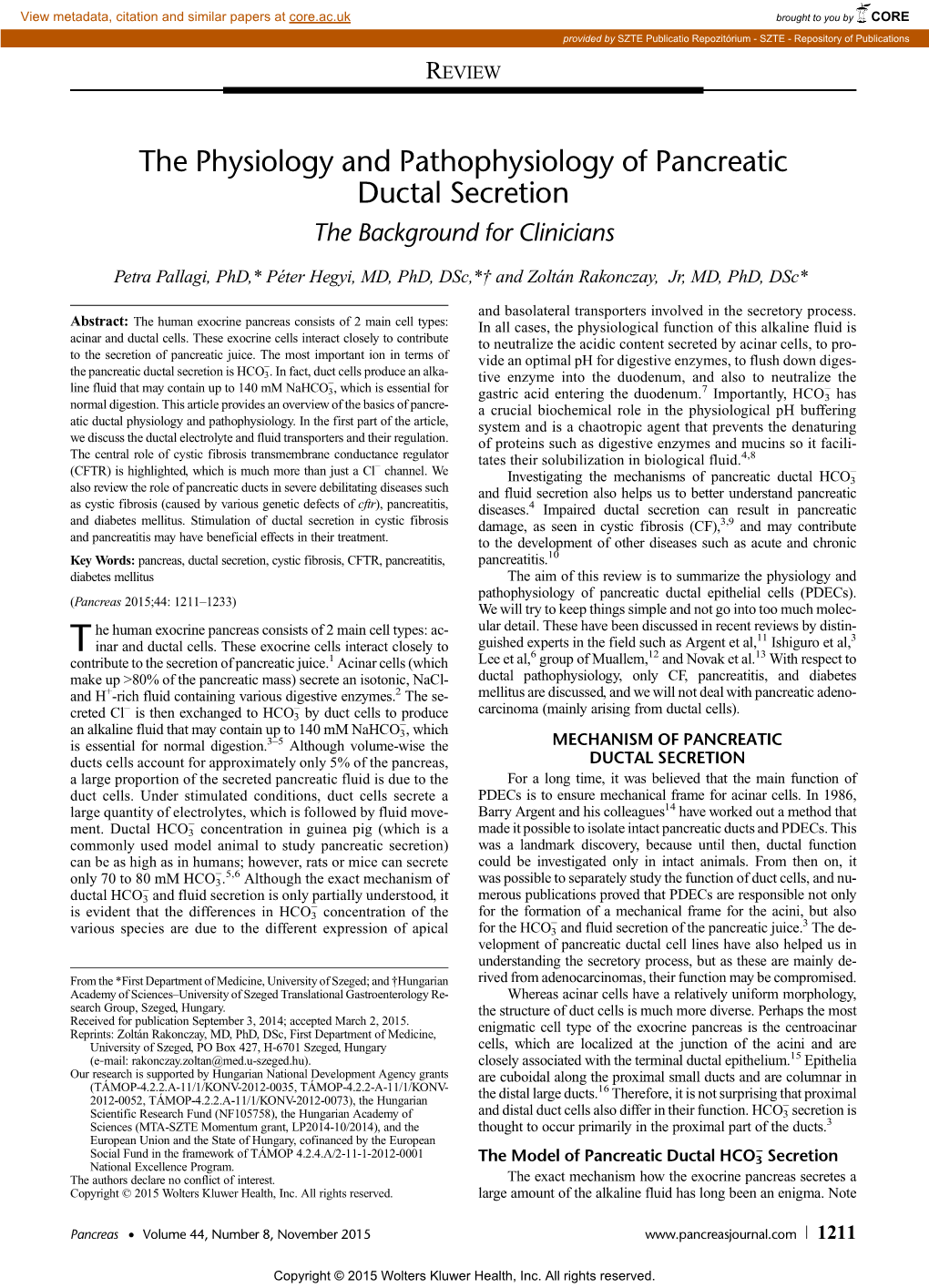 The Physiology and Pathophysiology of Pancreatic Ductal Secretion the Background for Clinicians