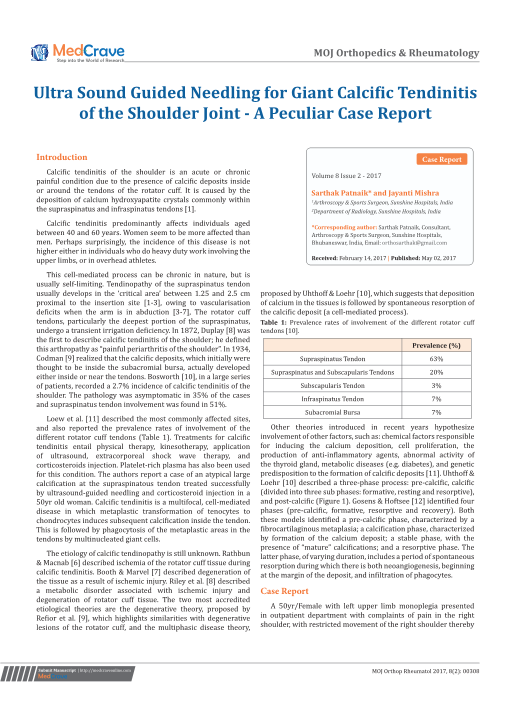 Ultra Sound Guided Needling for Giant Calcific Tendinitis of the Shoulder Joint - a Peculiar Case Report