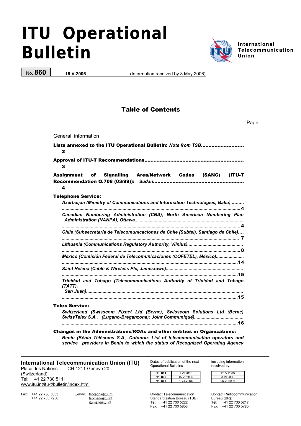 ITU Operational Bulletin No 860