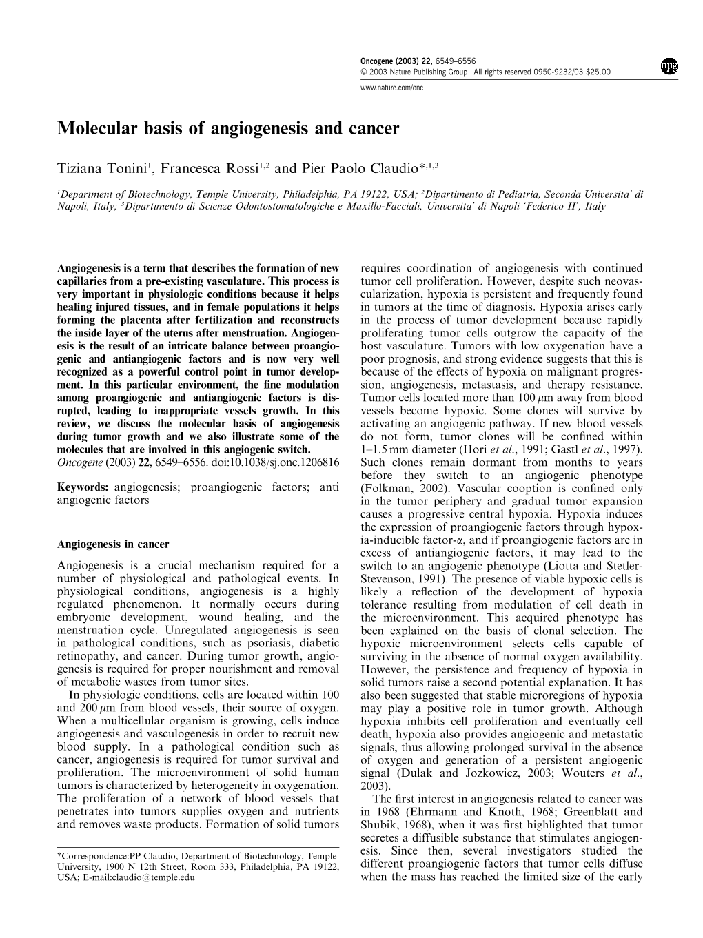 Molecular Basis of Angiogenesis and Cancer