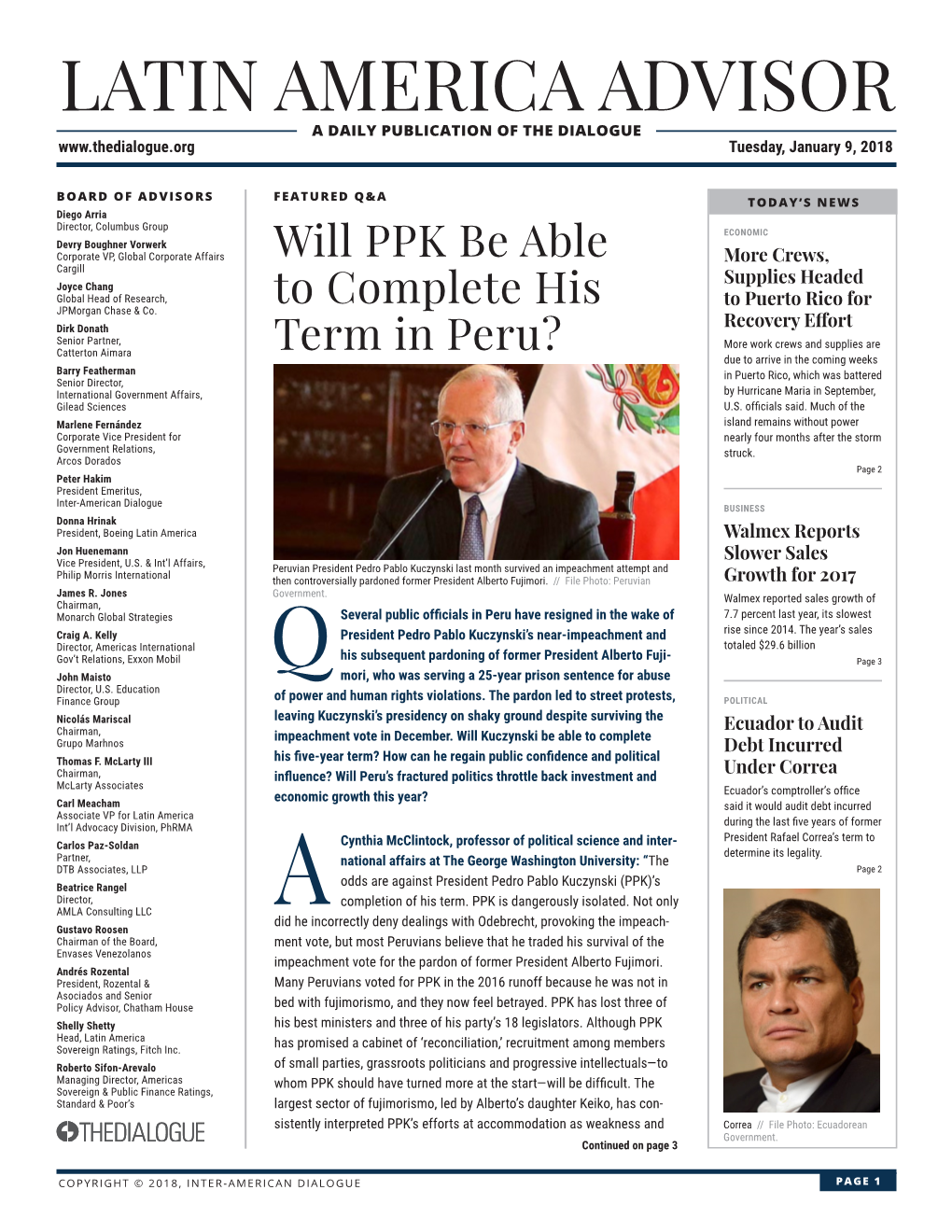 LATIN AMERICA ADVISOR a DAILY PUBLICATION of the DIALOGUE Tuesday, January 9, 2018